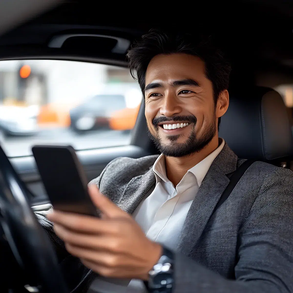 Homem sorrindo dentro do carro consultando o aplicativo Renapay